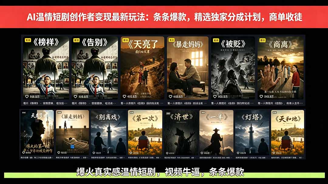 AI温情短剧创作者变现最新玩法：视频牛逼，条条爆款，精选独家分成计划，商单收徒-轻资本网