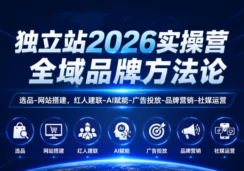 独立站2026实操营，全域品牌方法论，选品-网站搭建，红人建联-AI赋能-广告投放-品牌营销-社煤运营-轻资本网