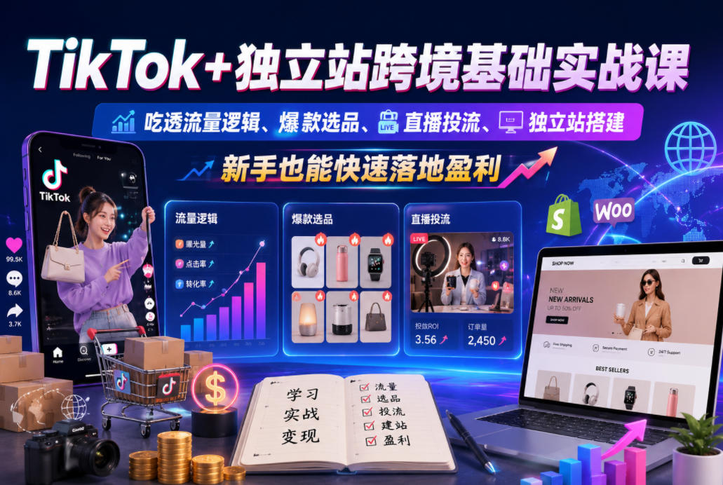 TikTok+独立站跨境基础实战课，吃透流量逻辑、爆款选品、直播投流与独立站搭建，新手也能快速落地盈利-轻资本网