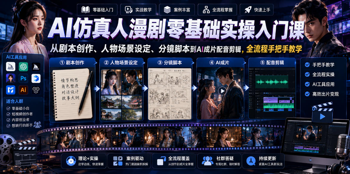AI仿真人漫剧零基础实操入门课，从剧本创作、人物场景设定、分镜脚本到AI成片配音剪辑，全流程手把手教学-轻资本网