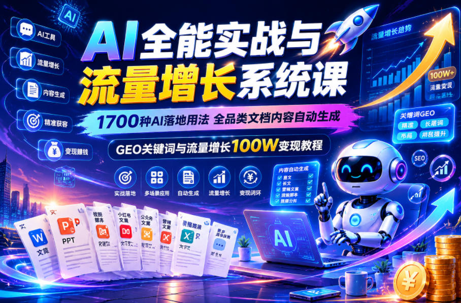 AI全能实战与流量增长系统课，1700种AI落地用法，全品类文档内容自动生成，GEO关键词与流量增长100W变现教程-轻资本网