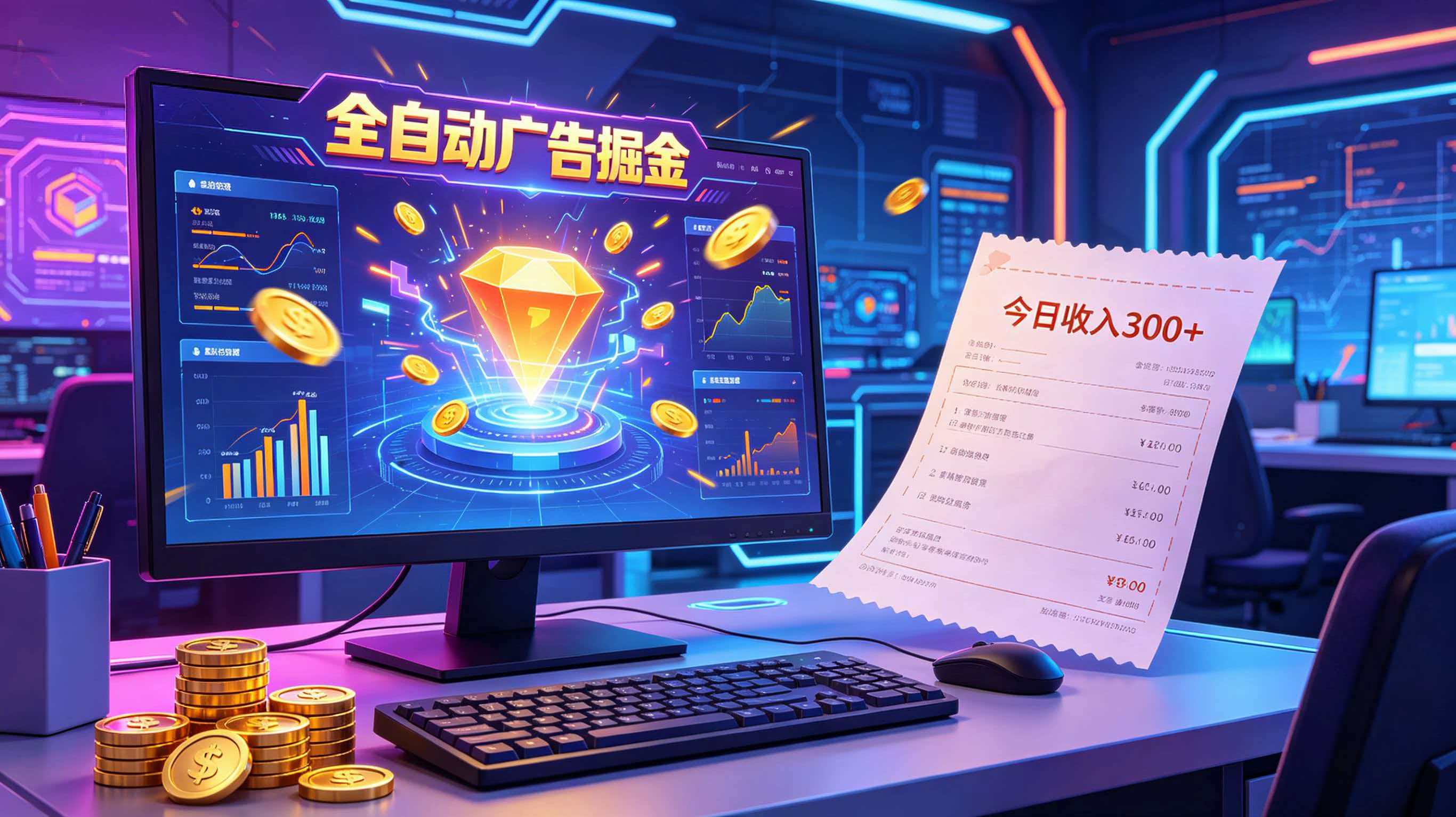 全自动广告掘金，日入300+。全程Ai自动化运行，解放双手，时间自由。收益稳定-轻资本网
