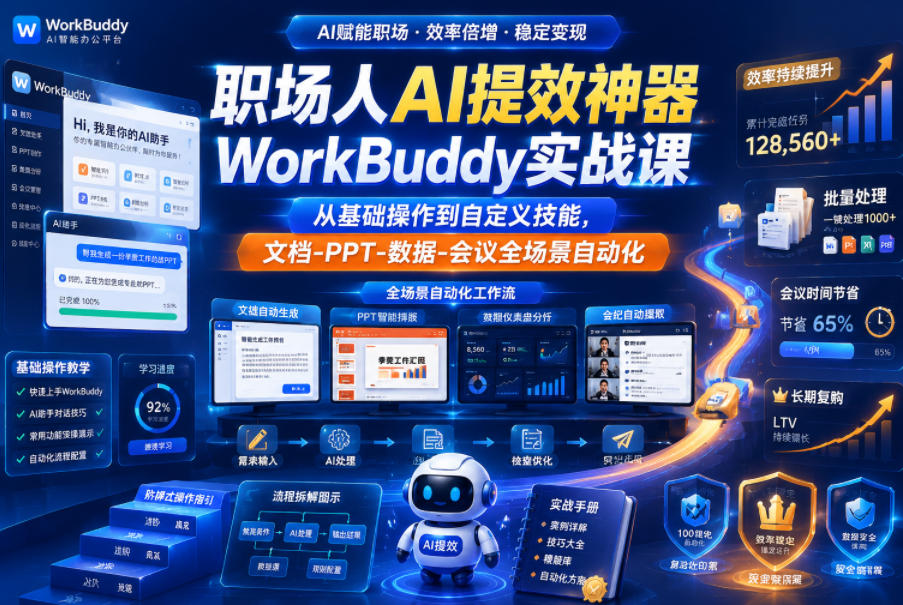 职场人AI提效神器WorkBuddy实战课，从基础操作到自定义技能，文档-PPT-数据-会议全场景自动化-轻资本网