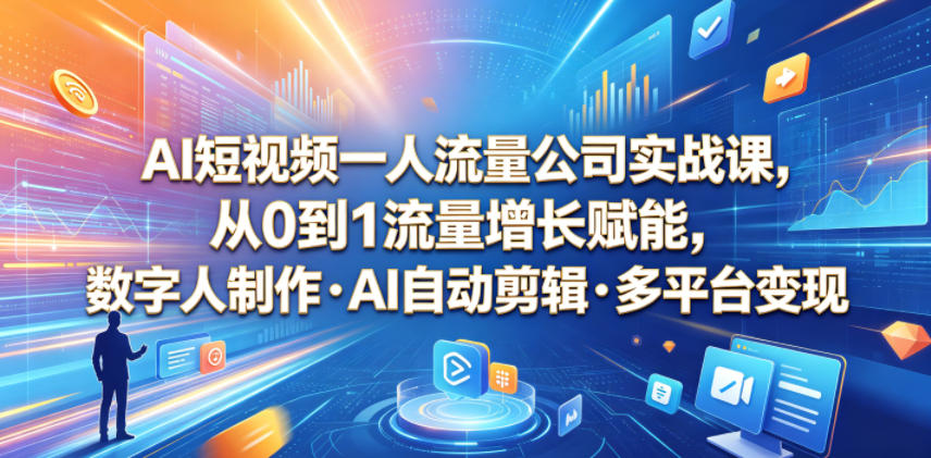 AI短视频一人流量公司实战课，从0到1流量增长赋能，数字人制作・AI自动剪辑・多平台变现，一人做流量生意全落地教程-轻资本网