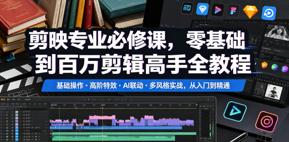 剪映专业必修课，零基础到百万剪辑高手全教程，基础操作・高阶特效・AI联动・多风格实战，从入门到精通-轻资本网