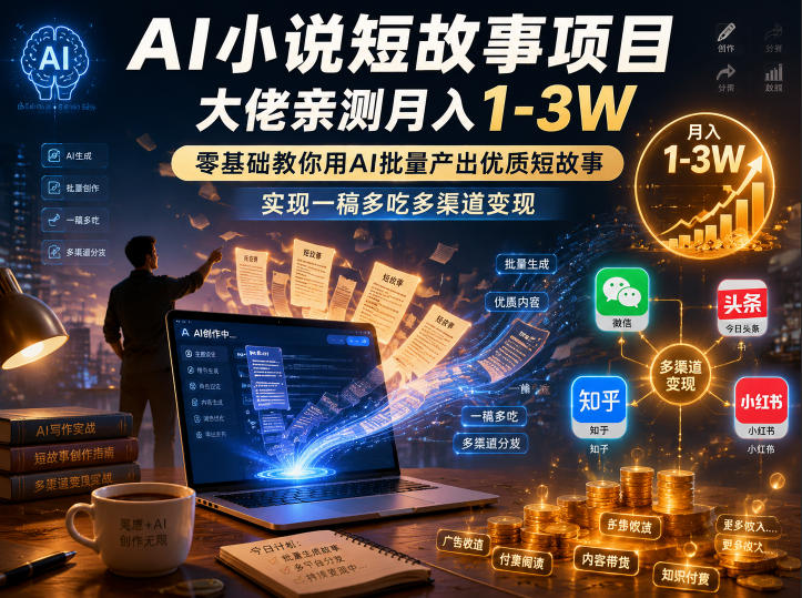 AI小说短故事项目，大佬亲测月入1-3W，零基础教你用AI批量产出优质短故事，实现一稿多吃多渠道变现-轻资本网