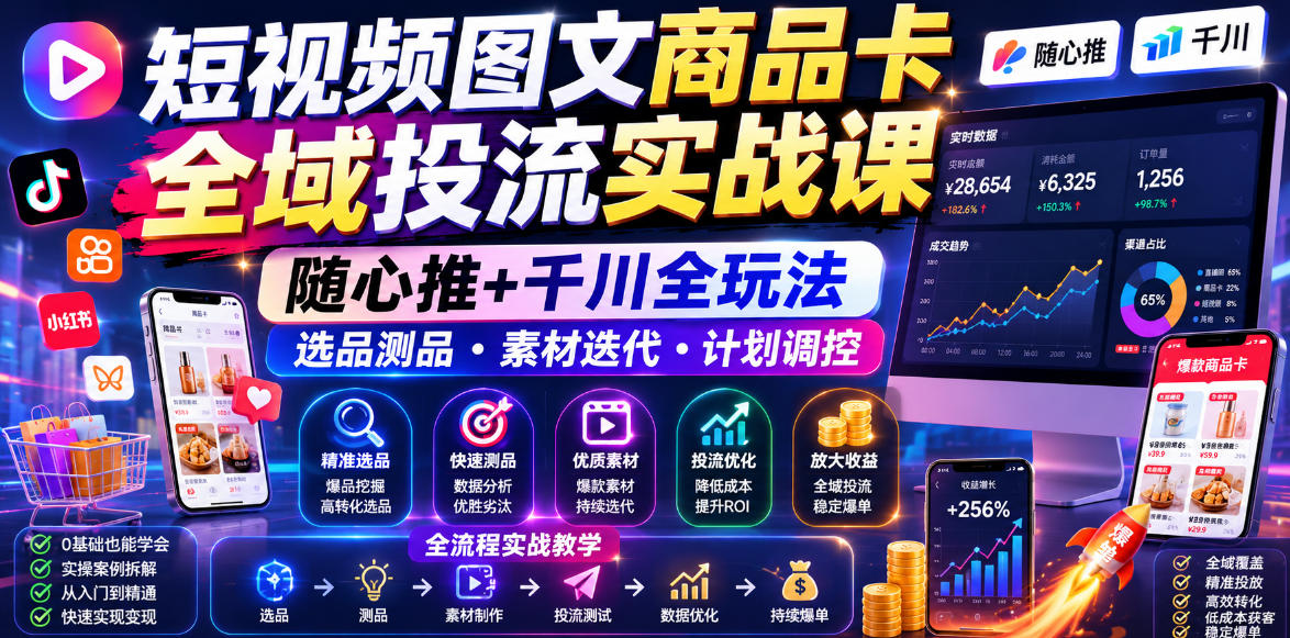 短视频图文商品卡全域投流实战课，随心推+千川全玩法，选品测品・素材迭代・计划调控，提升ROI爆单增收教程-轻资本网