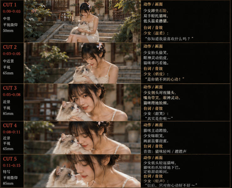 美女和猫故事提示词,人物一致性提示词+故事板