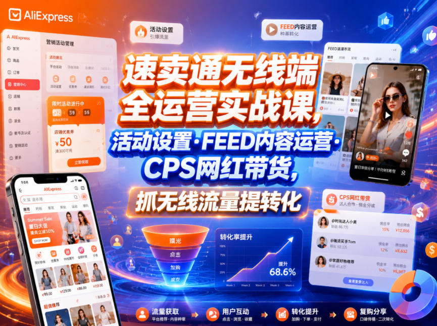 速卖通无线端全运营实战课，活动设置・FEED内容运营・CPS网红带货，抓无线流量提转化-轻资本网
