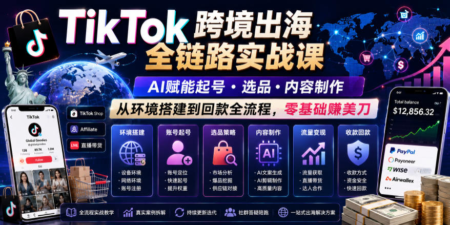 TikTok跨境出海全链路实战课，AI赋能起号・选品・内容制作，从环境搭建到回款全流程，零基础賺美刀-轻资本网