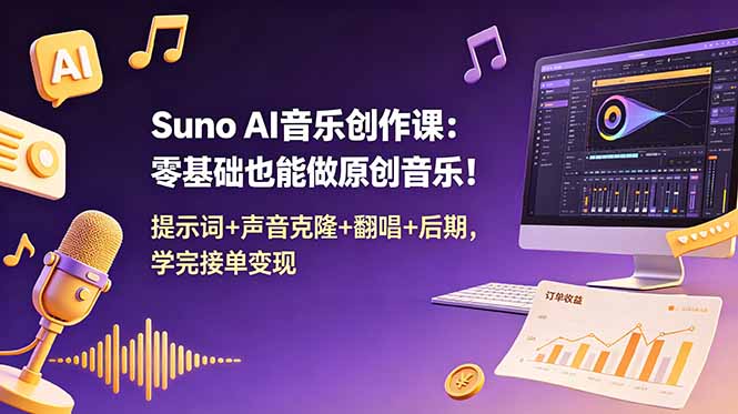 Suno AI音乐创作课：零基础也能做原创音乐！提示词+声音克隆+翻唱+后期，学完接单变现-轻资本网