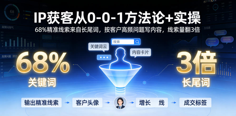 IP获客从0-1方法论+实操，68%精准线索来自长尾词，按客户高频问题写内容，线索量翻3倍-轻资本网