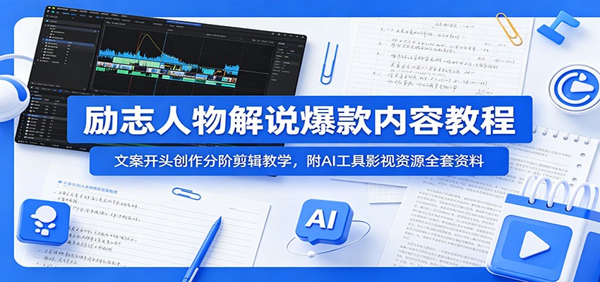 励志人物解说爆款内容教程：文案开头创作分阶剪辑教学，附AI 工具影视资源全套资料-轻资本网