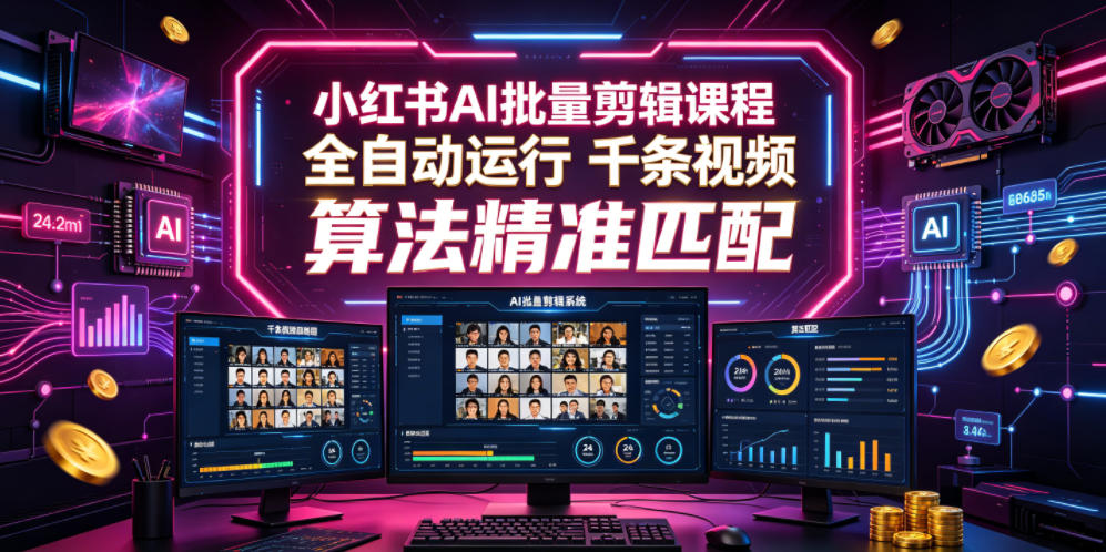 小红书AI批量剪辑课程，24小时全自动运行，解放双手专注运营，千条视频批量处理，小红书算法精准匹配-轻资本网