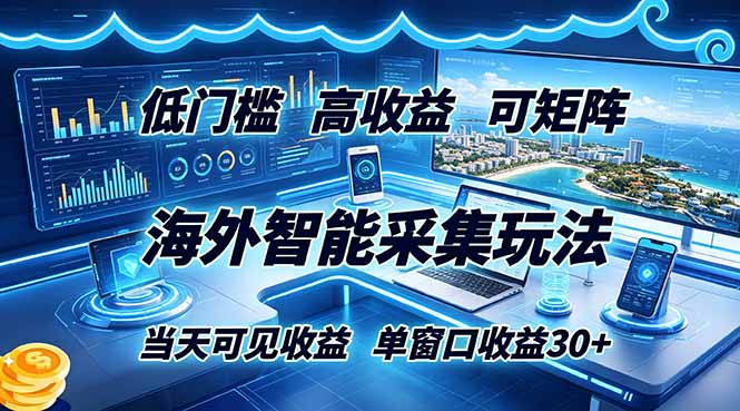 海外智能采集玩法，低门槛高单价可矩阵，当天可见收益，单窗口30+-轻资本网
