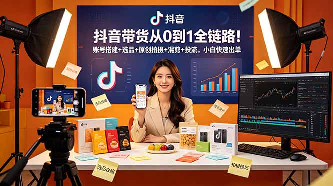 抖音带货从0到1全链路！账号搭建+选品+原创拍摄+混剪+投流，小白快速出单-轻资本网