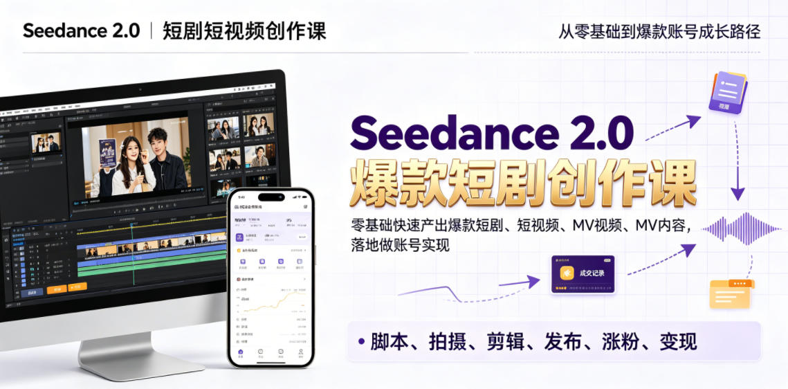 Seedance 2.0短剧短视频创作课，零基础快速产出爆款短剧、短视频、MV内容，落地做账号实现变现-轻资本网