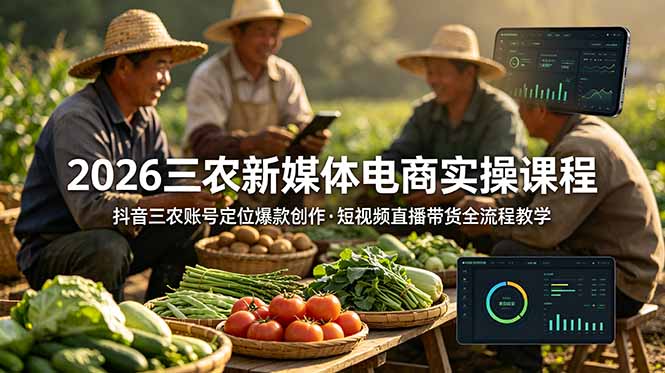 2026三农新媒体电商实操课程：抖音三农账号定位爆款创作，短视频直播带货全流程教学-轻资本网