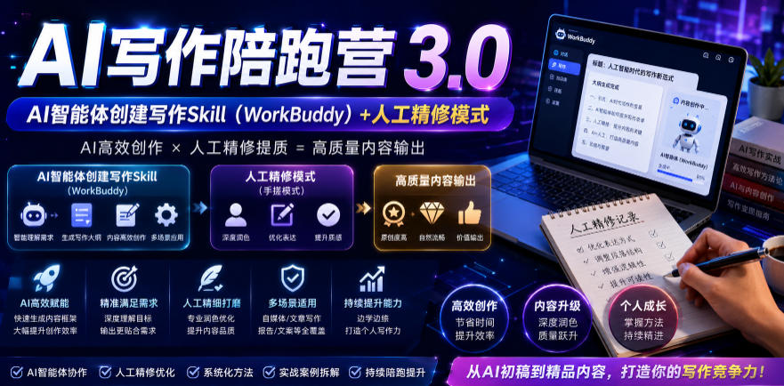 AI写作陪跑营3.0，Ai智能体创建写作skill(workbuddy)+人工手写模式(手搓模式)，去除AI痕迹(头条号、公众号、百家号)-轻资本网