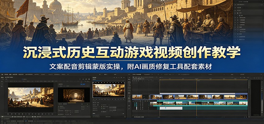 沉浸式历史互动游戏视频创作教学：文案配音剪辑蒙版实操，附AI画质修复工具配套素材-轻资本网