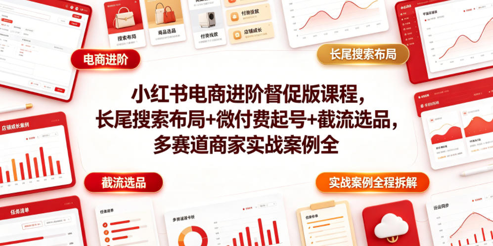 小红书电商进阶督促版课程，长尾搜索布局+微付费起号+截流选品，多赛道商家实战案例全程拆解-轻资本网