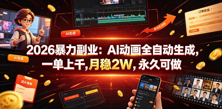 2026暴力副业：AI动画全自动生成，一单上千，月稳2W，永久可做【揭秘】-轻资本网