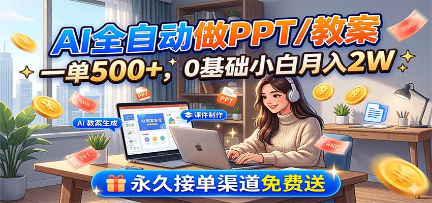 AI全自动做PPT/教案，一单500+，0基础小白月入2W，永久接单渠道免费送-轻资本网