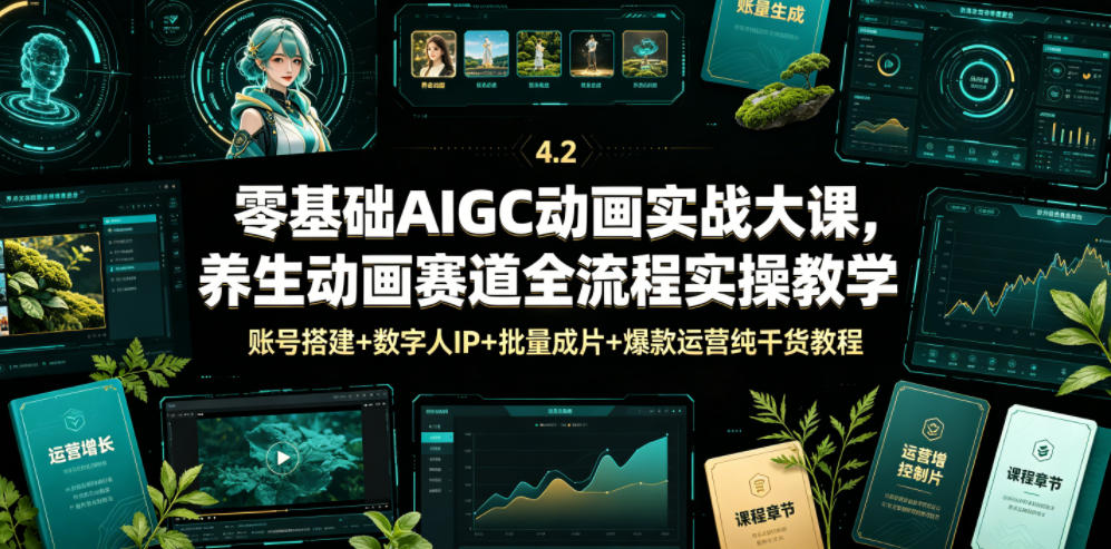 零基础AIGC动画实战大课，养生动画赛道全流程实操教学，账号搭建+数字人IP+批量成片+爆款运营纯干货教程-轻资本网