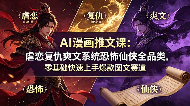AI漫画推文课：虐恋复仇爽文系统恐怖仙侠全品类，零基础快速上手爆款图文赛道-轻资本网