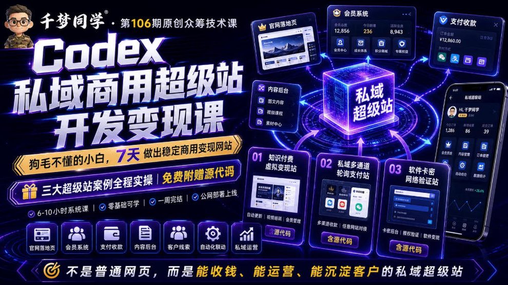 Codex私域商用超级站Ai开发变现课，7天带你从零基础到能自己动手做出能收钱、能运营、能沉淀客户的私域超级站-轻资本网