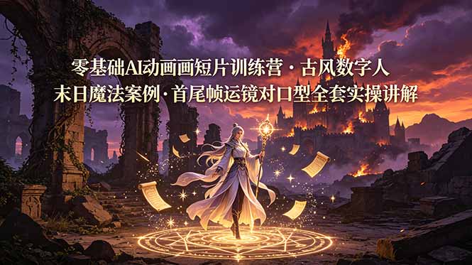 零基础AI动画短片训练营，古风数字人末日魔法案例，首尾帧运镜对口型全套实操讲解-轻资本网