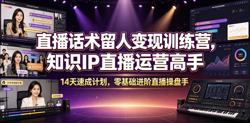 直播话术留人变现训练营，知识IP直播运营高手，14天速成计划，零基础进阶直播操盘手-轻资本网