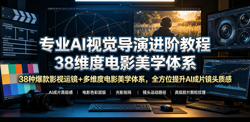 专业AI视觉导演进阶教程，38种爆款影视运镜+多维度电影美学体系，全方位提升AI成片高级感与镜头质感-轻资本网