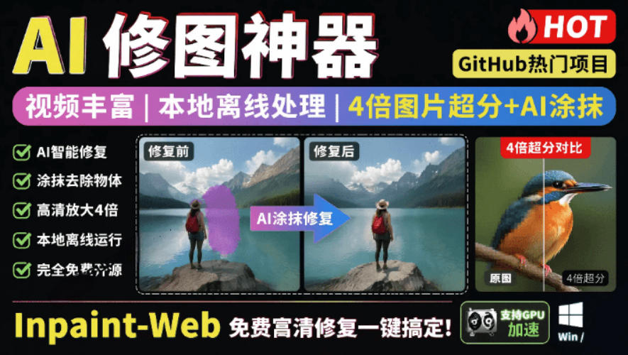 本地离线处理，4倍图片超分+AI涂抹去水印！Github上热门神器，免费高清修复图一键搞定！Inpaint-Web-轻资本网