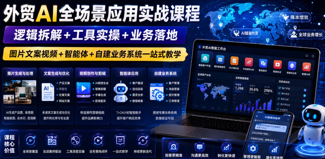 外贸AI全场景应用实战课程｜逻辑拆解+工具实操+业务落地，图片文案视频+智能体+自建业务系统一站式教学-轻资本网