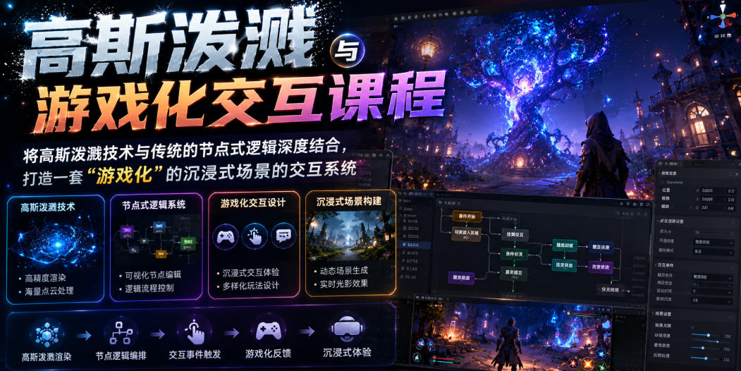 高斯泼溅与游戏化交互课程，将高斯泼溅技术与传统的节点式逻辑深度结合，打造一套“游戏化”的沉浸式场景的交互系统-轻资本网