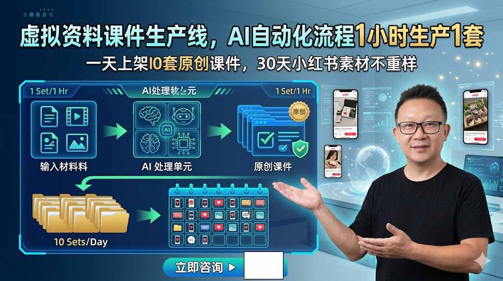 虚拟资料课件生产线，AI自动化流程1小时生产1套，一天上架10套原创课件，30天小红书素材不重样-轻资本网
