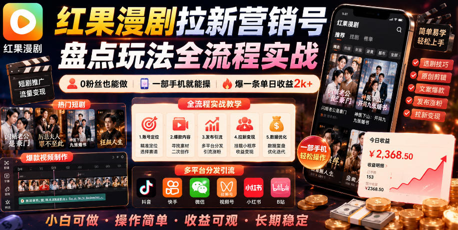 红果漫剧拉新营销号盘点玩法全流程实战，0粉丝也能做，一部手机就能做，爆一条单日收益2k+(更新0628)-轻资本网