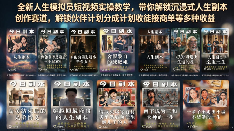 全新人生模拟员短视频实操教学，带你解锁沉浸式人生副本创作赛道，解锁伙伴计划分成计划收徒接商单等多种收益-轻资本网