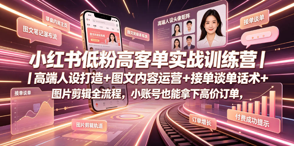 小红书低粉高客单实战训练营｜高端人设打造+图文内容运营+接单谈单话术+图片剪辑全流程，小账号也能拿下高价订单-轻资本网