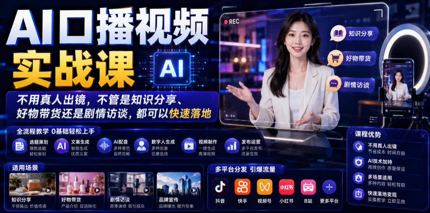 AI口播视频实战课，不用真人出镜，不管是知识分享、好物带货还是剧情访谈，都可以快速落地-轻资本网