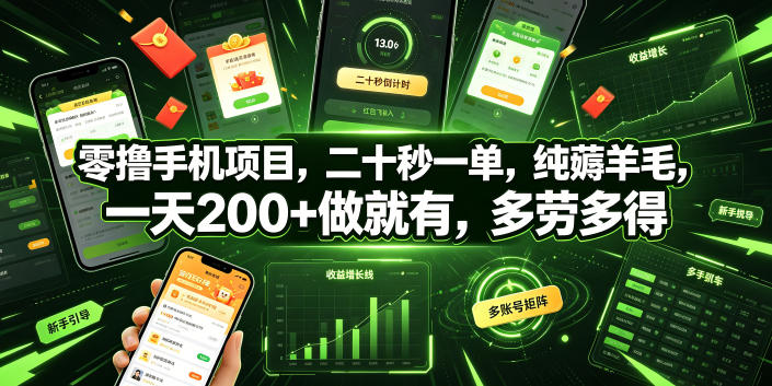 零撸手机项目，二十秒一单，纯薅羊毛，一天200+做就有，多劳多得【揭秘】-轻资本网