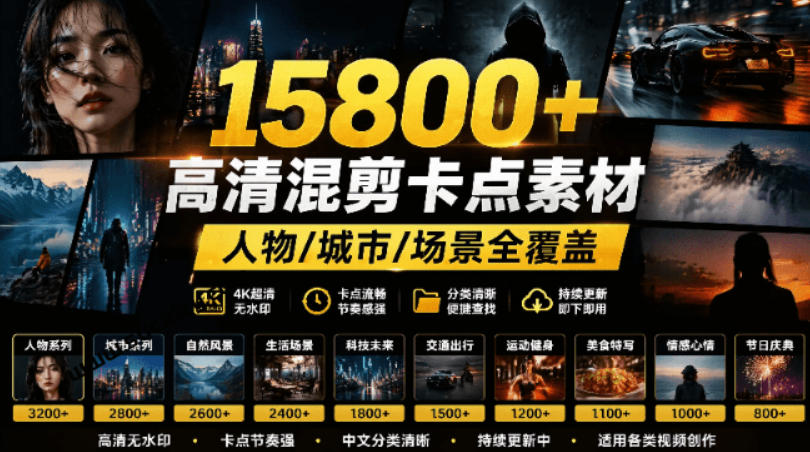 【影视剪辑素材合集】15800+高清混剪卡点｜热门影视精彩片段｜人物/城市/场景全覆盖，中文分类清晰-轻资本网