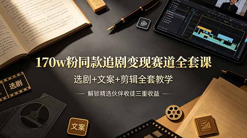 170w粉博主同款追剧变现赛道全套课，选剧+文案+剪辑全套教学，解锁精选伙伴收徒三重收益-轻资本网