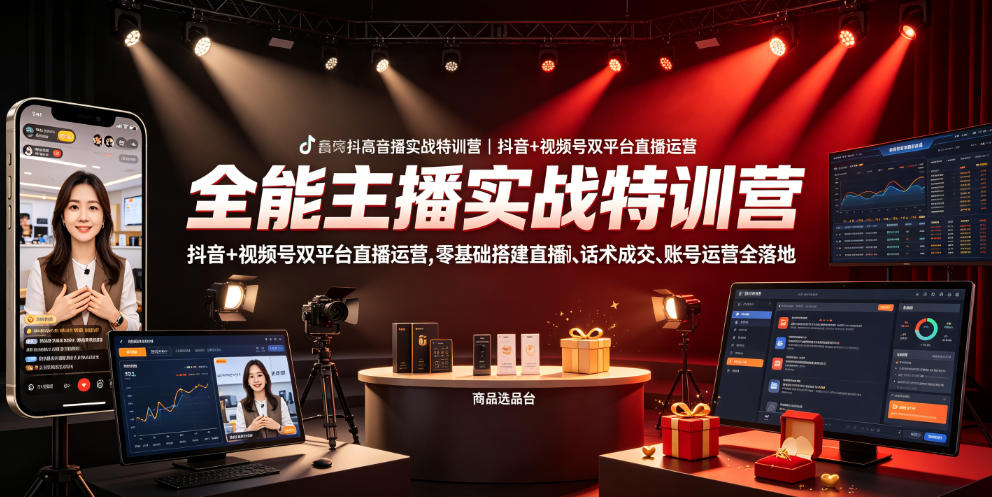 全能主播实战特训营｜抖音+视频号双平台直播运营，零基础搭建直播间、精准选品、话术成交、账号运营全落地-轻资本网