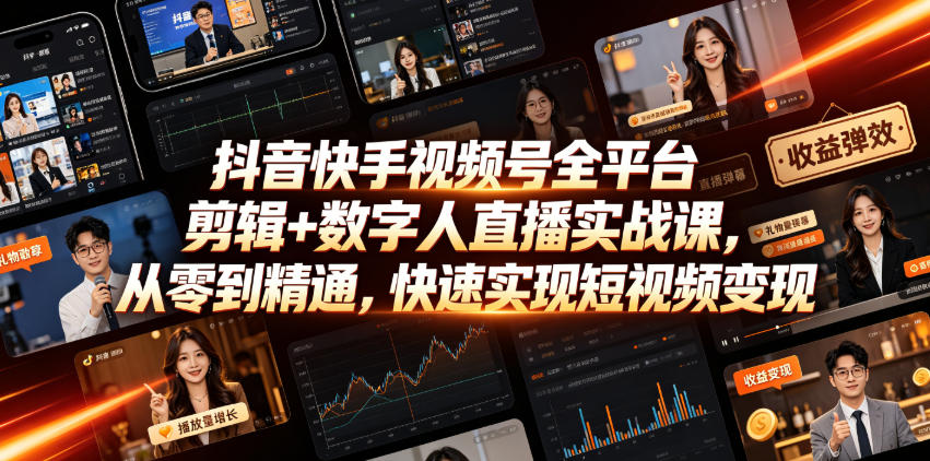 抖音快手视频号全平台剪辑+数字人直播实战课，从零到精通，快速实现短视频变现(更新2026年6月)​-轻资本网