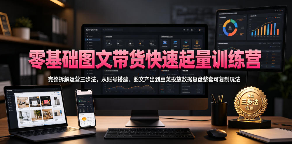 零基础图文带货快速起量训练营，完整拆解运营三步法，从账号搭建、图文产出到豆荚投放数据复盘整套可复制玩法-轻资本网