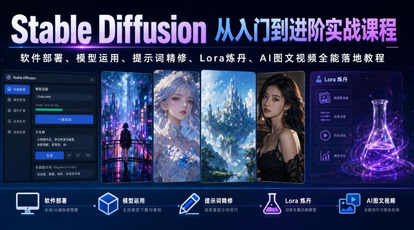 Stable Diffusion从入门到进阶实战课程｜软件部署、模型运用、提示词精修、Lora炼丹、AI图文视频全能落地教程-轻资本网