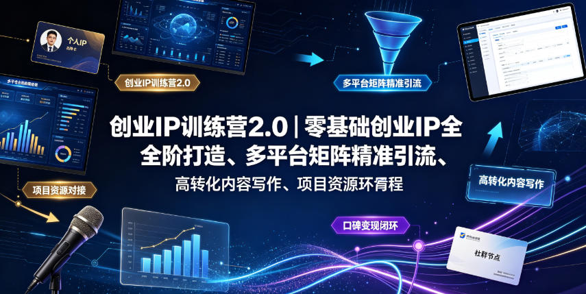 创业IP训练营2.0｜零基础创业IP全阶打造、多平台矩阵精准引流、高转化内容写作、项目资源对接与口碑变现闭环课程-轻资本网