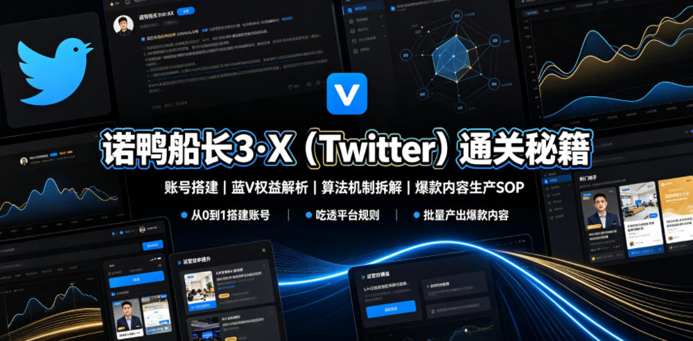 诺鸭船长3·X(Twitter)通关秘籍，涵盖账号搭建、蓝V权益解析、算法机制拆解及爆款内容生产SOP-轻资本网